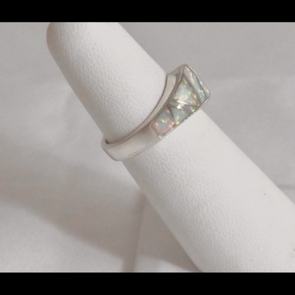 Sterling Silver Inlay White Lab Opal Band Ring - Picture 7 of 13